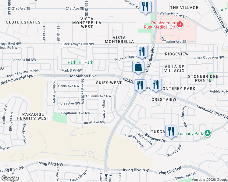 map of restaurants, bars, coffee shops, grocery stores, and more near 5800 Scorpio Avenue Northwest in Albuquerque