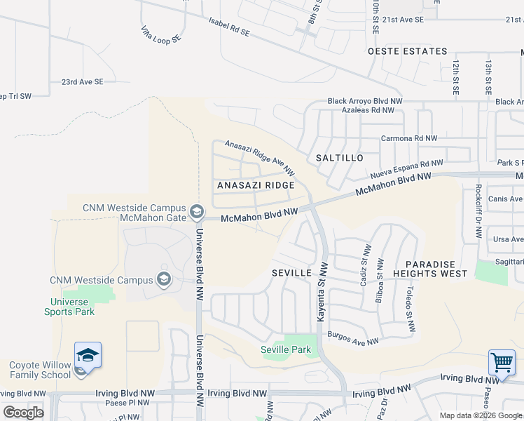 map of restaurants, bars, coffee shops, grocery stores, and more near 6530 Basket Weaver Avenue Northwest in Albuquerque