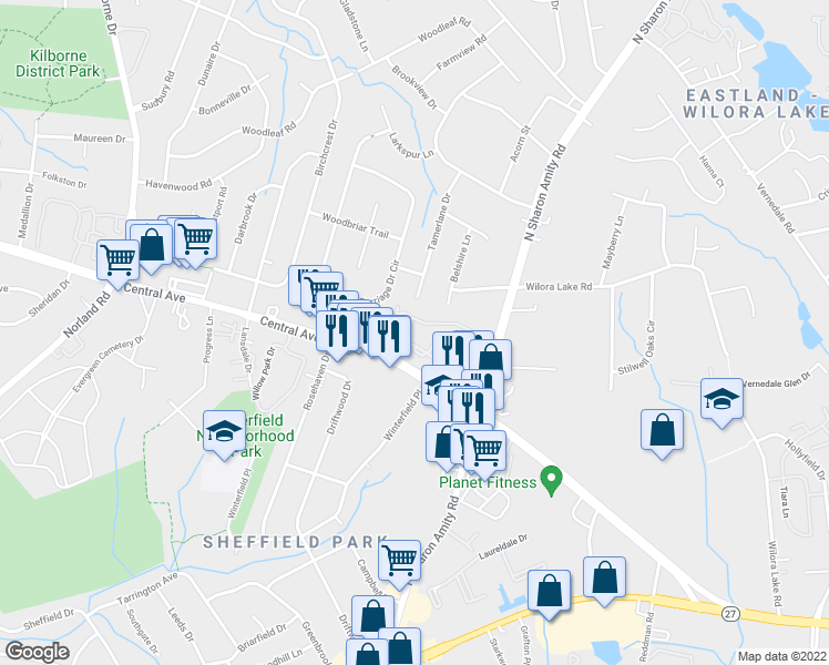 map of restaurants, bars, coffee shops, grocery stores, and more near 4911 Central Avenue in Charlotte