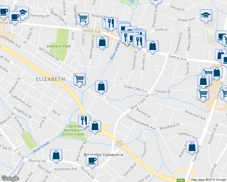 map of restaurants, bars, coffee shops, grocery stores, and more near in Charlotte