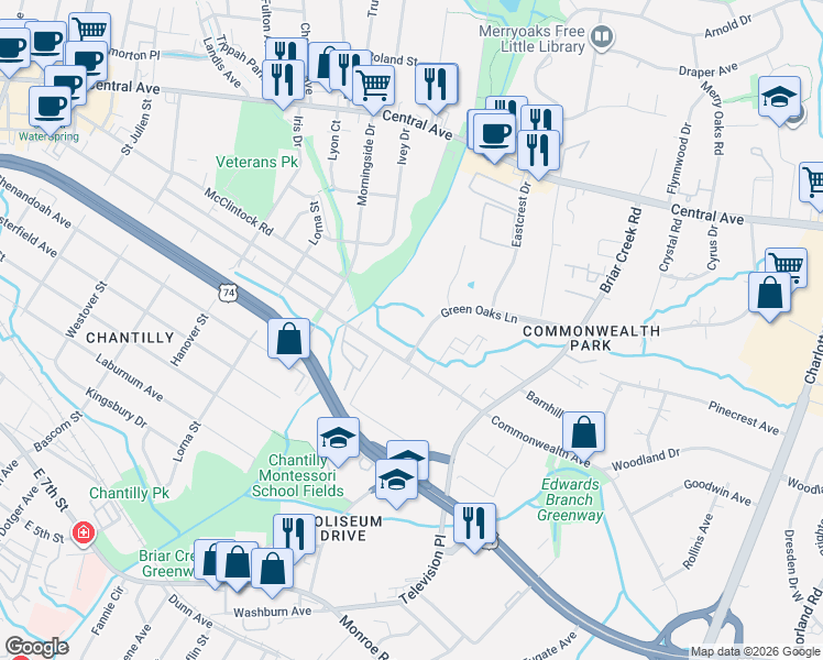 map of restaurants, bars, coffee shops, grocery stores, and more near in Charlotte