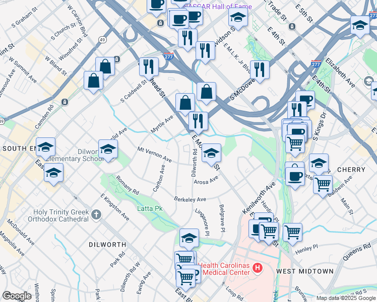 map of restaurants, bars, coffee shops, grocery stores, and more near 1124 Dilworth Road in Charlotte