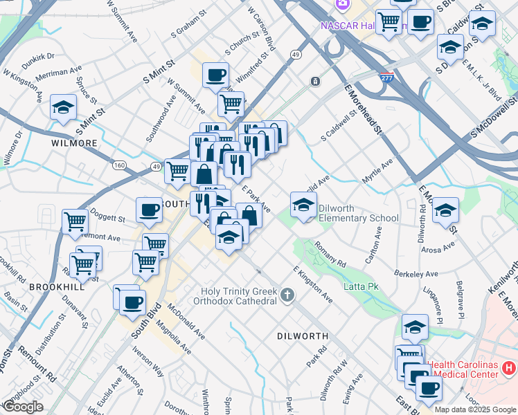map of restaurants, bars, coffee shops, grocery stores, and more near in Charlotte