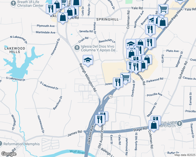 map of restaurants, bars, coffee shops, grocery stores, and more near 4230 Powers Road in Memphis