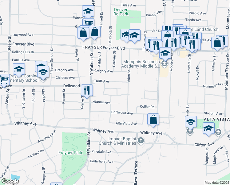 map of restaurants, bars, coffee shops, grocery stores, and more near 3181 Parham Street in Memphis