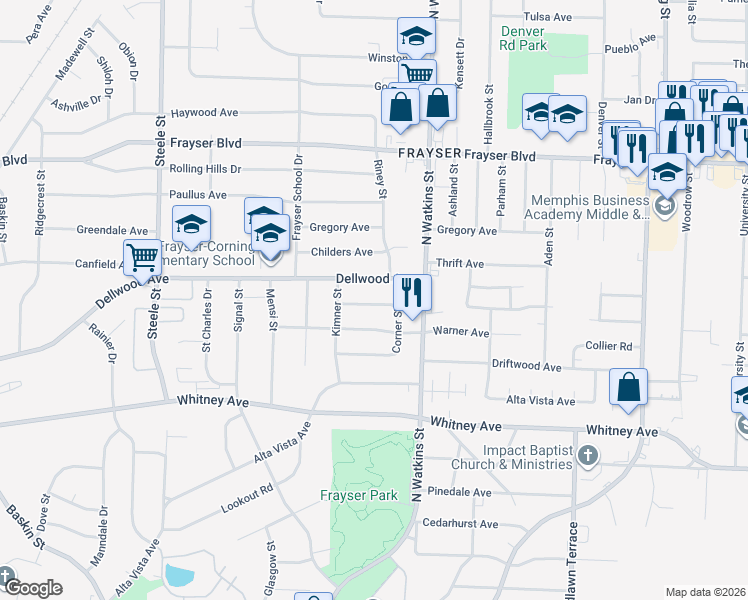 map of restaurants, bars, coffee shops, grocery stores, and more near 1730 Willow Wood Avenue in Memphis