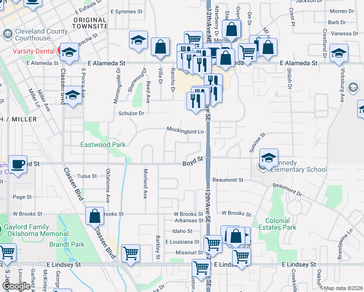 map of restaurants, bars, coffee shops, grocery stores, and more near 1209 Melisa Drive in Norman