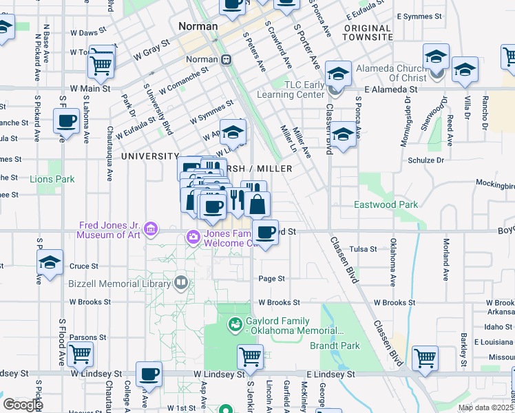 map of restaurants, bars, coffee shops, grocery stores, and more near 750 South Jenkins Avenue in Norman