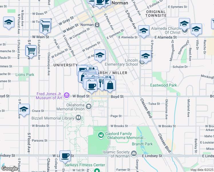 map of restaurants, bars, coffee shops, grocery stores, and more near 750 South Jenkins Avenue in Norman