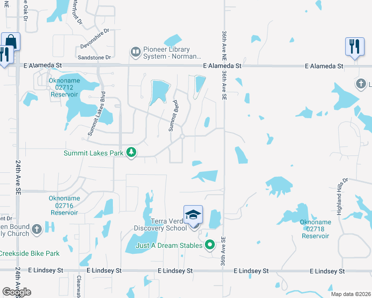 map of restaurants, bars, coffee shops, grocery stores, and more near 612 Ridge Lake Boulevard in Norman