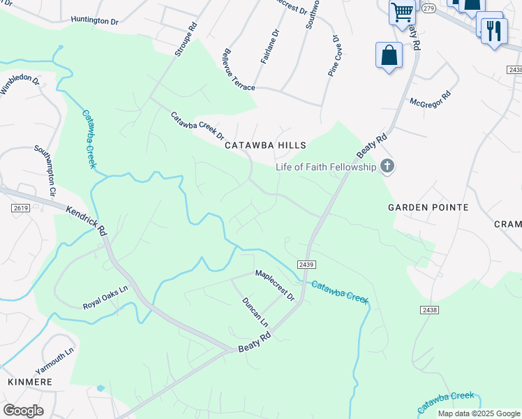 map of restaurants, bars, coffee shops, grocery stores, and more near 4015 Broadview Lane in Gastonia