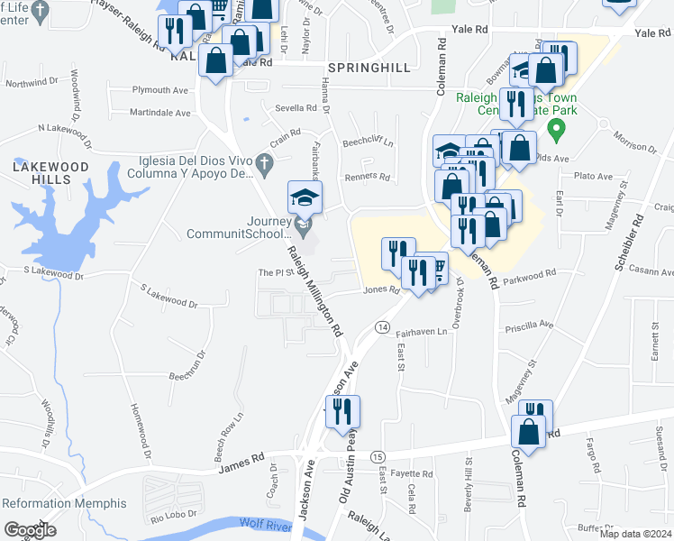 map of restaurants, bars, coffee shops, grocery stores, and more near 4230 Powers Road in Memphis