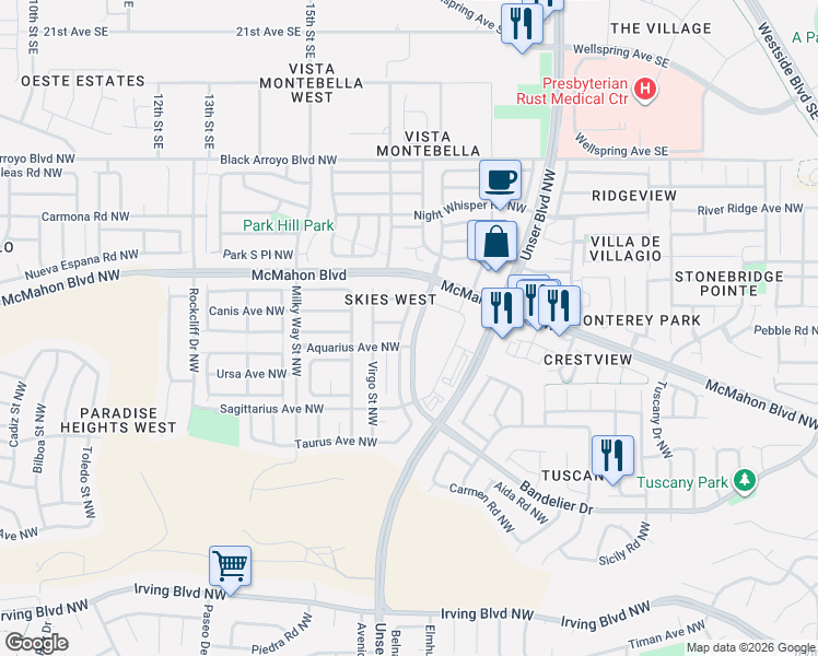 map of restaurants, bars, coffee shops, grocery stores, and more near 5800 Scorpio Avenue Northwest in Albuquerque