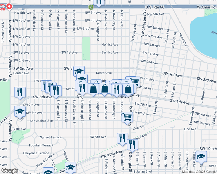 map of restaurants, bars, coffee shops, grocery stores, and more near 2920 Southwest 5th Avenue in Amarillo