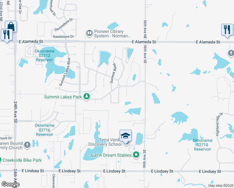 map of restaurants, bars, coffee shops, grocery stores, and more near 612 Ridge Lake Boulevard in Norman