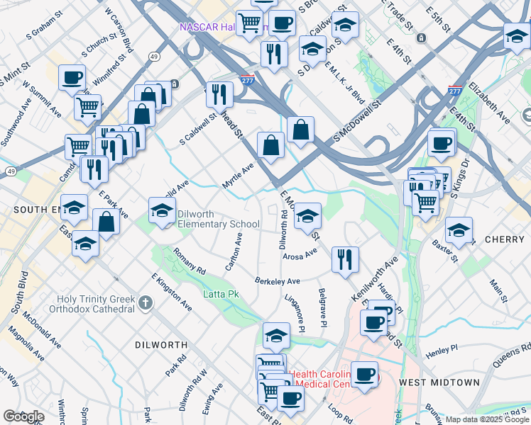 map of restaurants, bars, coffee shops, grocery stores, and more near 1232 Dilworth Crescent Row in Charlotte