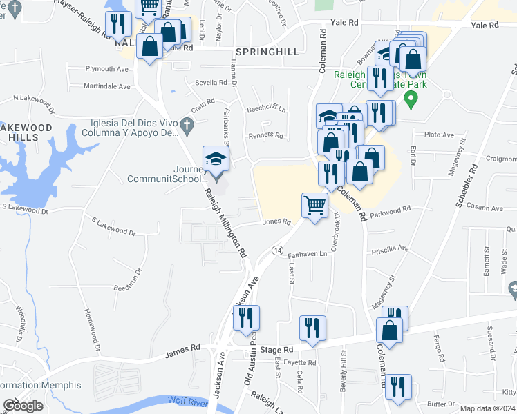 map of restaurants, bars, coffee shops, grocery stores, and more near 4260 Green Hall Way in Memphis