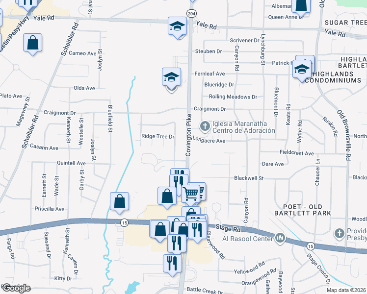 map of restaurants, bars, coffee shops, grocery stores, and more near 3181 Covington Pike in Memphis