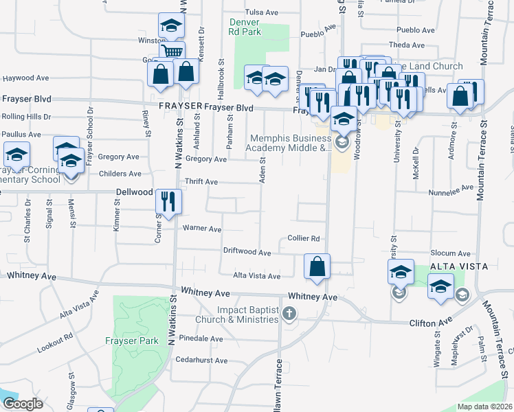 map of restaurants, bars, coffee shops, grocery stores, and more near 3181 Aden Street in Memphis