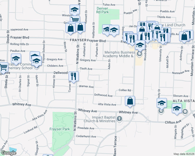 map of restaurants, bars, coffee shops, grocery stores, and more near 3181 Parham Street in Memphis
