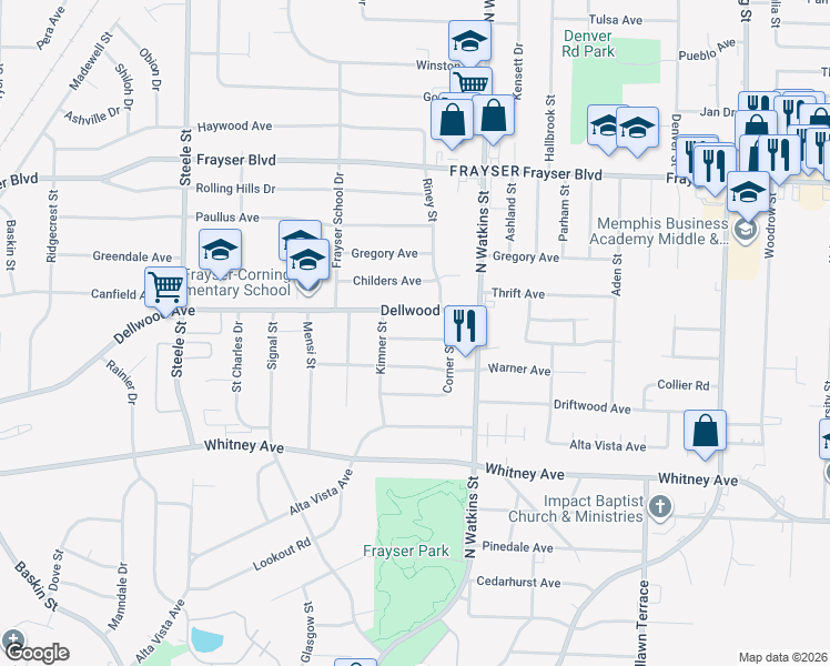 map of restaurants, bars, coffee shops, grocery stores, and more near 1730 Willow Wood Avenue in Memphis