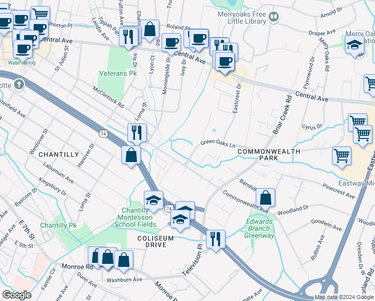 map of restaurants, bars, coffee shops, grocery stores, and more near 1215 Green Oaks Lane in Charlotte