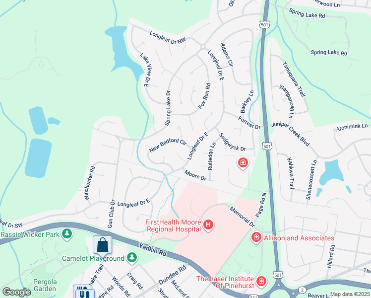 map of restaurants, bars, coffee shops, grocery stores, and more near 10 New Bedford Circle in Pinehurst