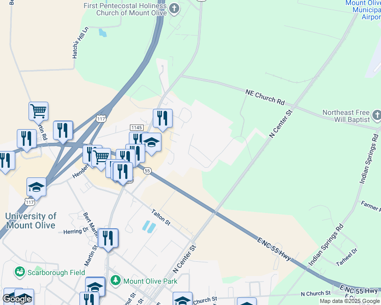 map of restaurants, bars, coffee shops, grocery stores, and more near 210 Dogwood Lane in Mount Olive