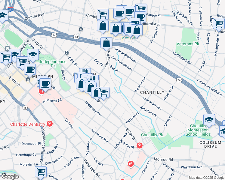 map of restaurants, bars, coffee shops, grocery stores, and more near 523 Ridgeway Avenue in Charlotte