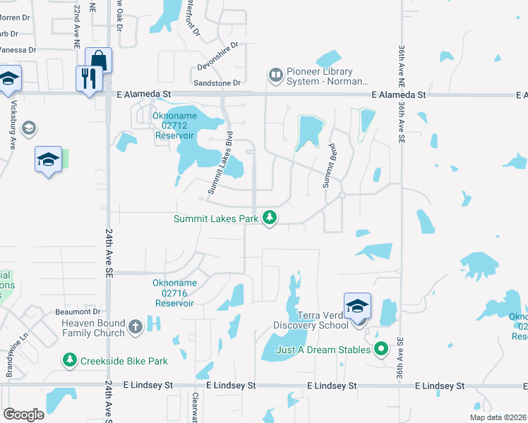 map of restaurants, bars, coffee shops, grocery stores, and more near 3004 Summit Hill Rd in Norman