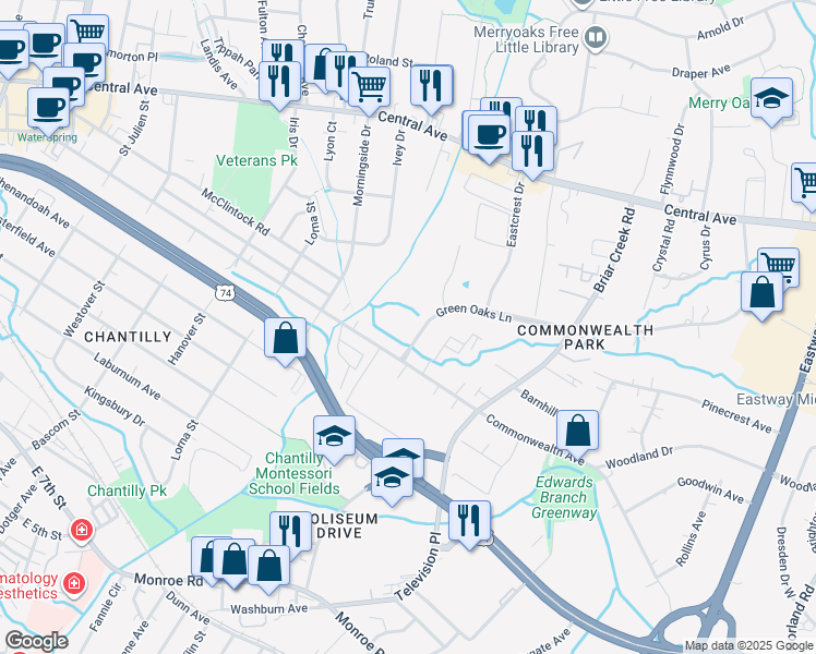 map of restaurants, bars, coffee shops, grocery stores, and more near 1215 Green Oaks Lane in Charlotte