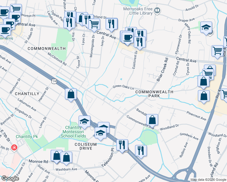 map of restaurants, bars, coffee shops, grocery stores, and more near in Charlotte