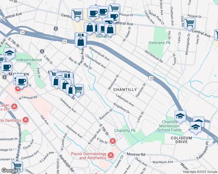map of restaurants, bars, coffee shops, grocery stores, and more near 2239 Laburnum Avenue in Charlotte