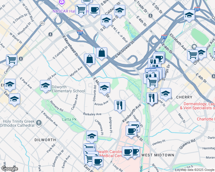 map of restaurants, bars, coffee shops, grocery stores, and more near 1043e East Morehead Street in Charlotte