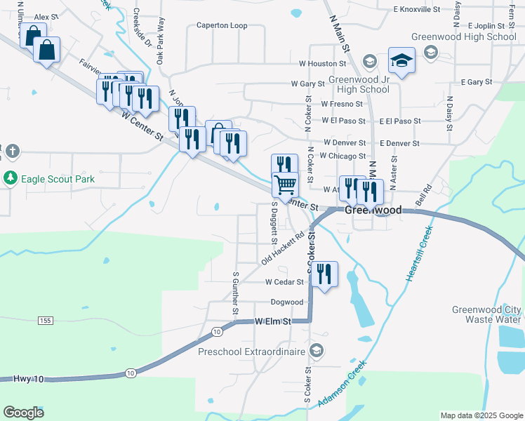 map of restaurants, bars, coffee shops, grocery stores, and more near 375 Burgess Drive in Greenwood