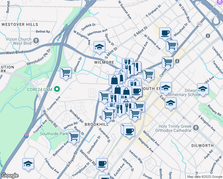map of restaurants, bars, coffee shops, grocery stores, and more near 1927 South Tryon Street in Charlotte
