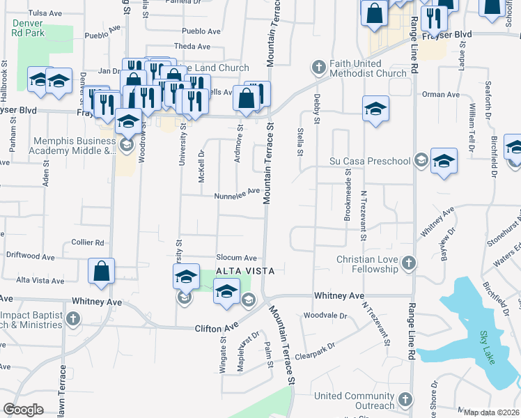 map of restaurants, bars, coffee shops, grocery stores, and more near 3183 Mountain Terrace Street in Memphis