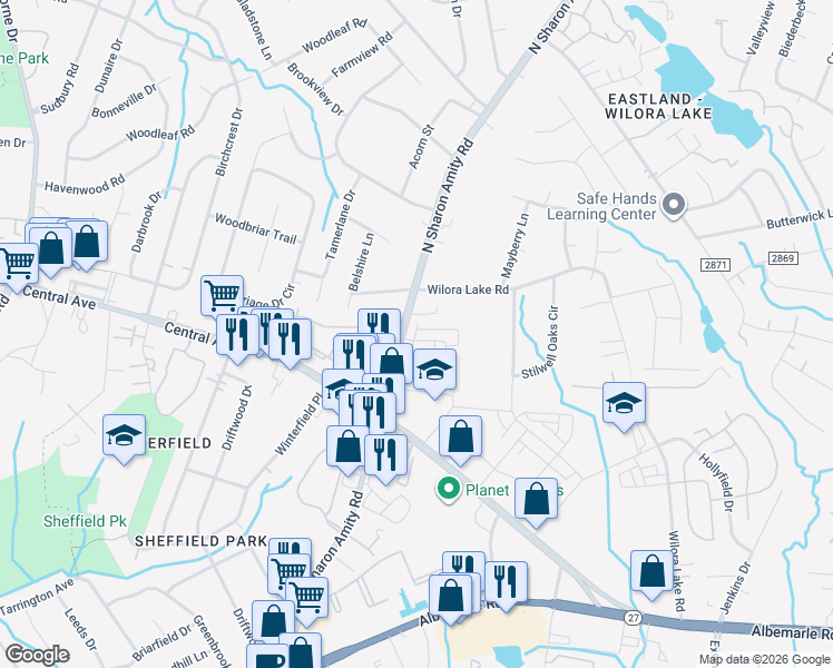 map of restaurants, bars, coffee shops, grocery stores, and more near 3830 N Sharon Amity Rd in Charlotte