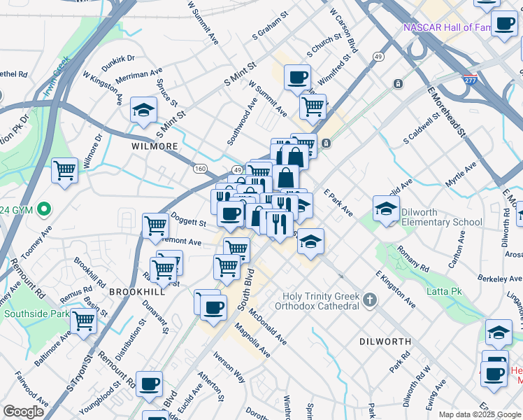 map of restaurants, bars, coffee shops, grocery stores, and more near in Charlotte