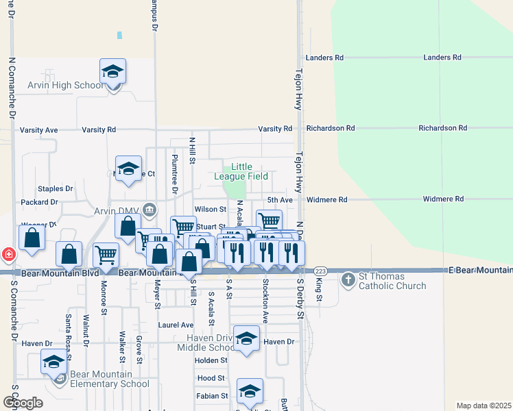 map of restaurants, bars, coffee shops, grocery stores, and more near 380 B Street in Arvin