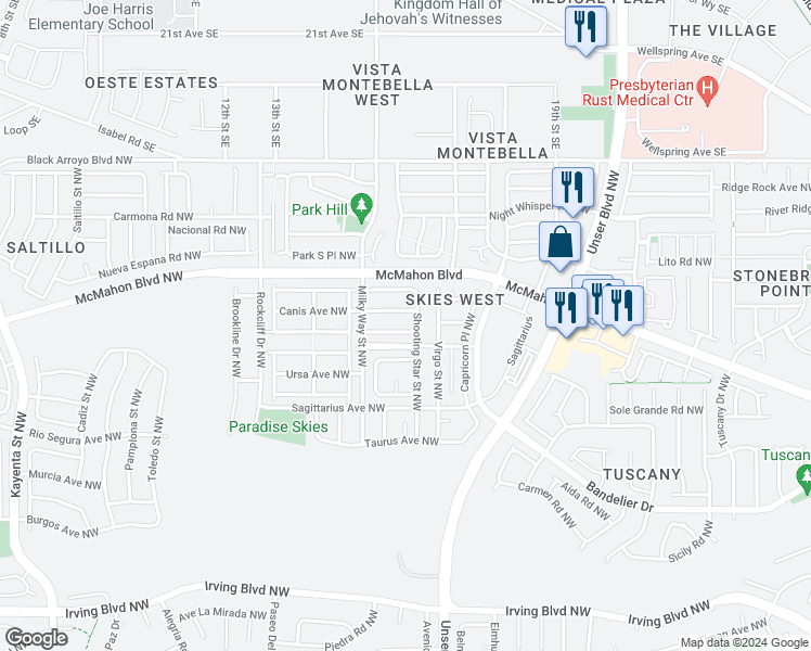 map of restaurants, bars, coffee shops, grocery stores, and more near 5909 Perseus Avenue Northwest in Albuquerque