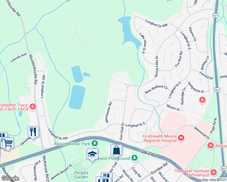 map of restaurants, bars, coffee shops, grocery stores, and more near 12 Remington Lane in Pinehurst