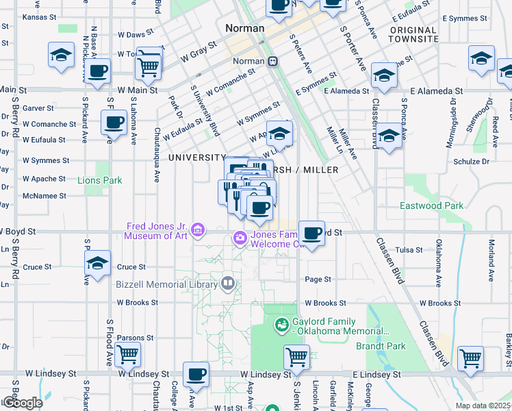 map of restaurants, bars, coffee shops, grocery stores, and more near 561 Buchanan Avenue in Norman