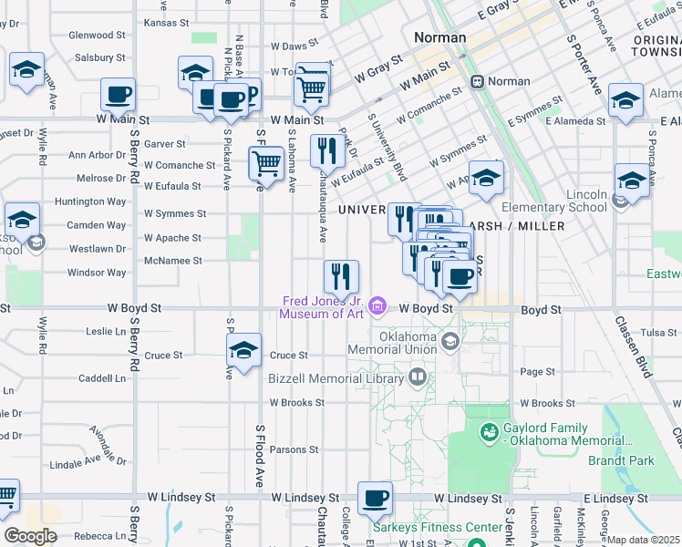 map of restaurants, bars, coffee shops, grocery stores, and more near 458 College Avenue in Norman