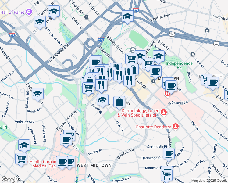 map of restaurants, bars, coffee shops, grocery stores, and more near 1322 E 1st St in Charlotte