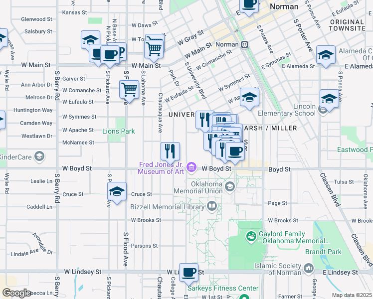 map of restaurants, bars, coffee shops, grocery stores, and more near 465 Elm Avenue in Norman