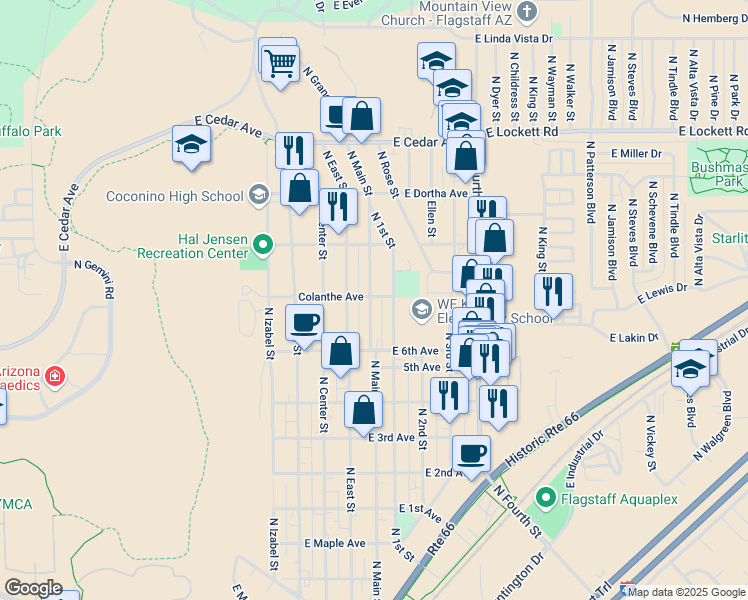 map of restaurants, bars, coffee shops, grocery stores, and more near 2420 North Main Street in Flagstaff