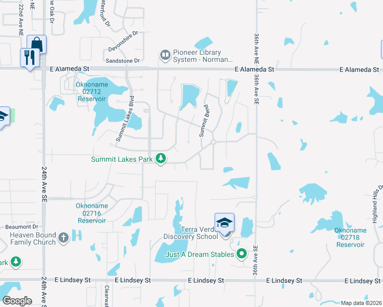 map of restaurants, bars, coffee shops, grocery stores, and more near 3205 Summit Crossing Parkway in Norman