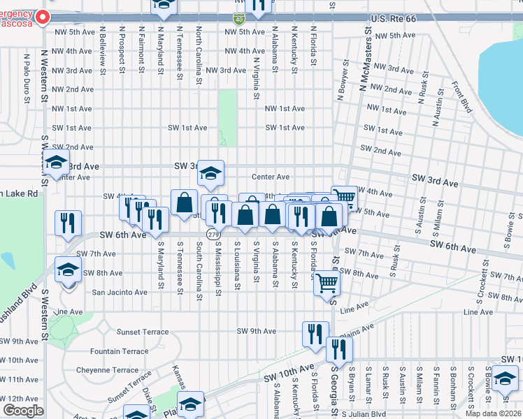 map of restaurants, bars, coffee shops, grocery stores, and more near 409 South Virginia Street in Amarillo