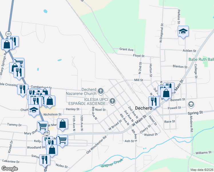 map of restaurants, bars, coffee shops, grocery stores, and more near 98 Pleasant Cove Circle in Decherd